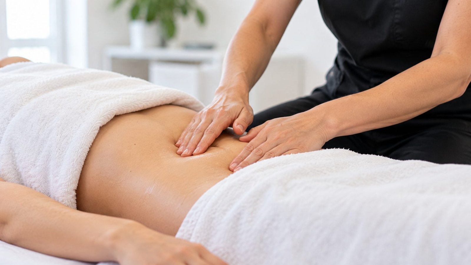 Fisioterapeuta realizando drenaje linfático manual en el abdomen de una paciente, fisioestética en Vila-real